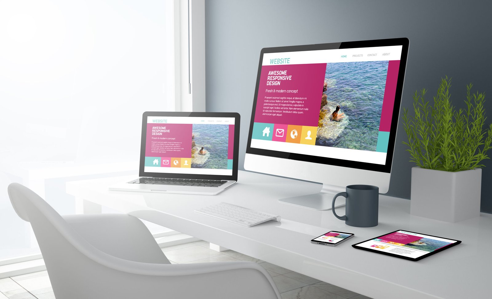 Responsive website design displayed across a range of devices with different screen sizes and orientations, illustrating adaptability.