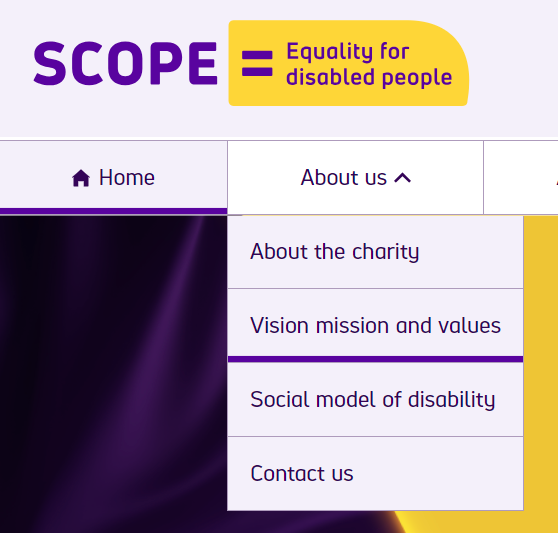 Scope's website showing the drop-down navigation menu About us expanded.